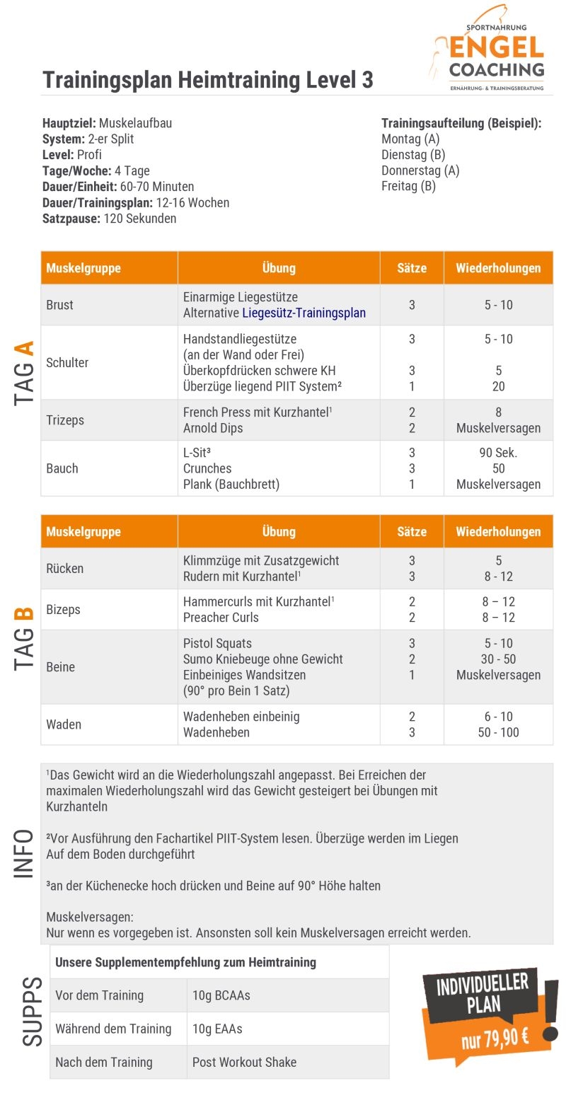 4er Split Muskelaufbau Trainingsplan für Fortgeschrittene Heimtraining Trainingsplan zum Muskelaufbau für Profis