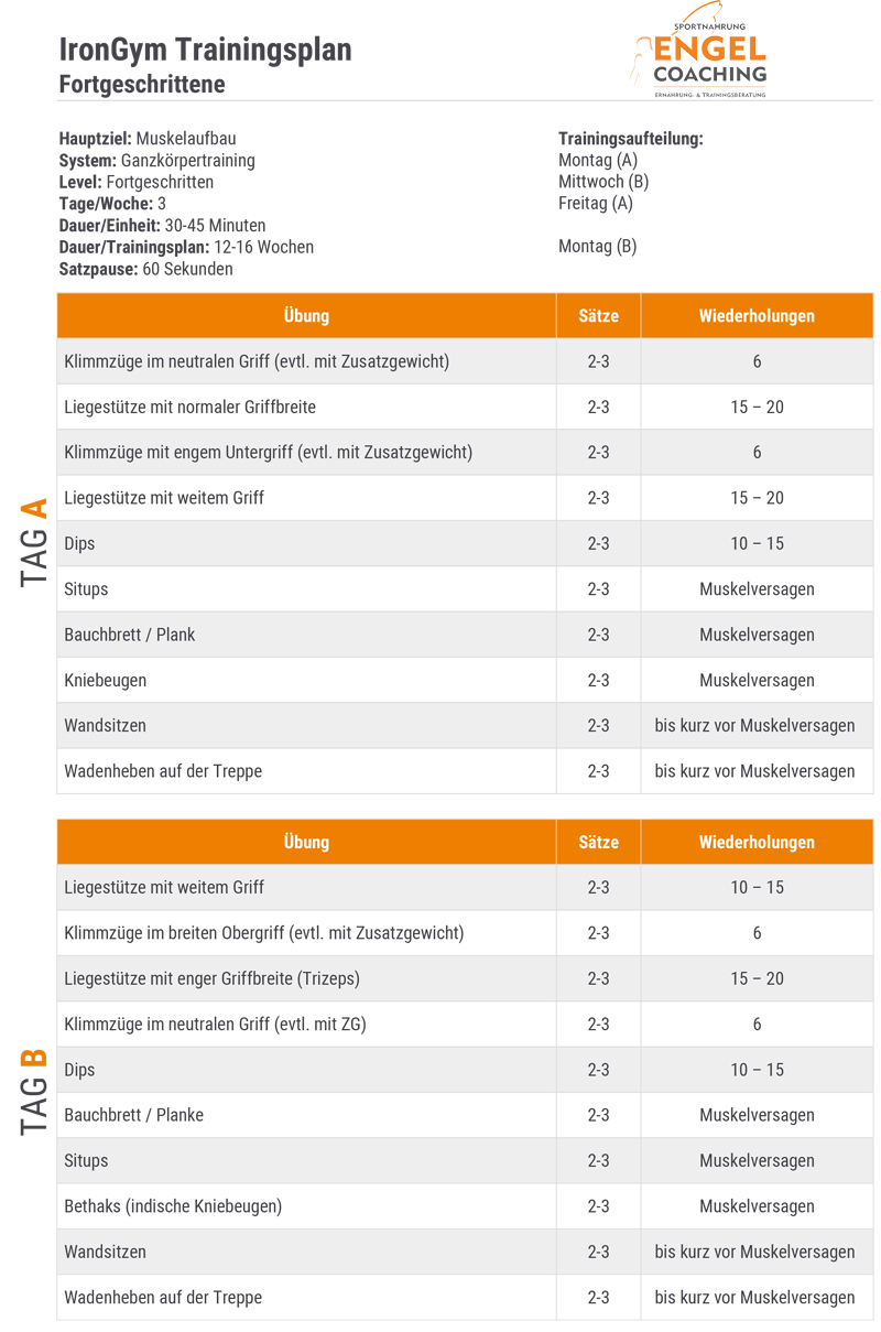 Irongym Trainingsplan für Fortgeschrittene Irongym Trainingsplan für Fortgeschrittene